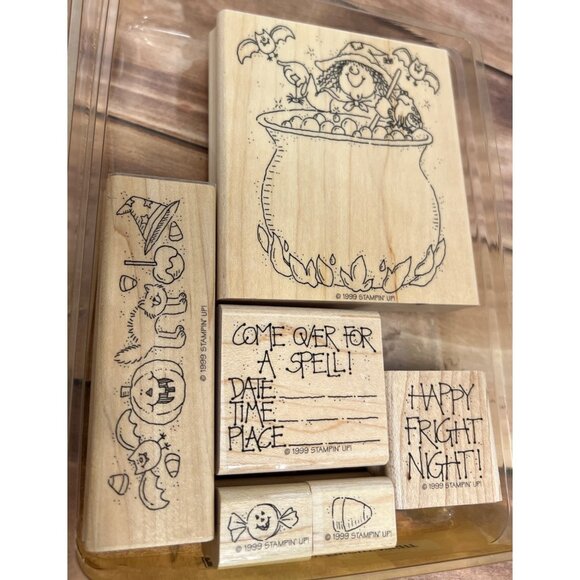 1999 STAMPIN' UP! HAPPY FRIGHT NIGHT WOOD MOUNT STAMP SET HALLOWEEN INVITE WITCH - Picture 1 of 6
